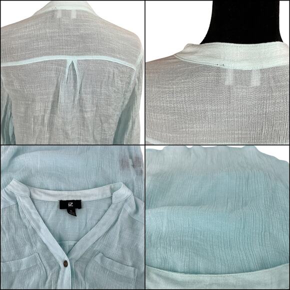 Iz Byer Henley Gauzy Crepe Tunic Top Blouse 3/4 Roll Tab Sleeve Light Blue XL - Picture 4 of 15